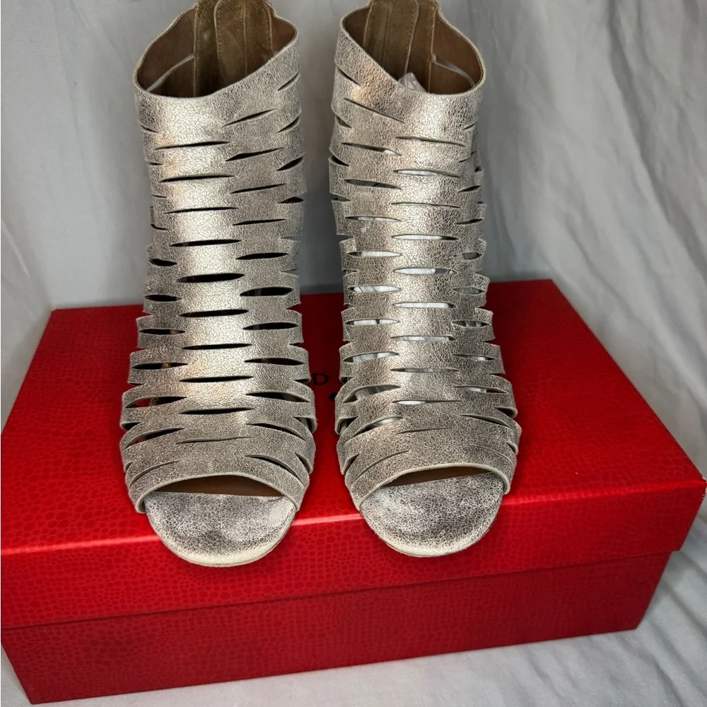 Donald J Pliner Greece-QA metallic suede cutout booties in Poppy Blush